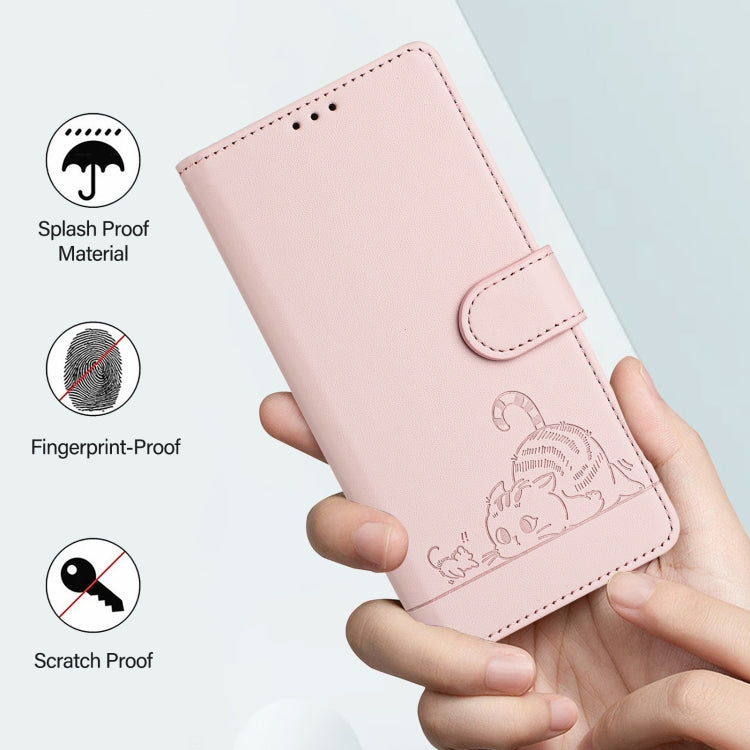 For iPhone 15 Pro Cat Rat Embossed Pattern RFID Leather Phone Case with Lanyard