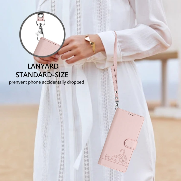 For iPhone 15 Pro Cat Rat Embossed Pattern RFID Leather Phone Case with Lanyard