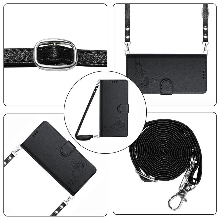 For iPhone 15 Pro Cat Rat Embossed Pattern RFID Leather Phone Case with Lanyard