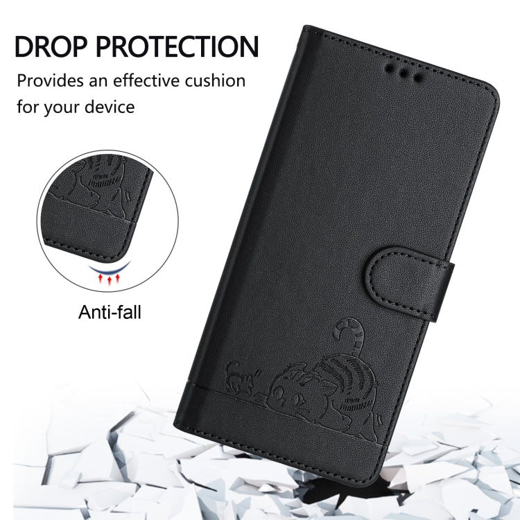 For iPhone 15 Pro Cat Rat Embossed Pattern RFID Leather Phone Case with Lanyard