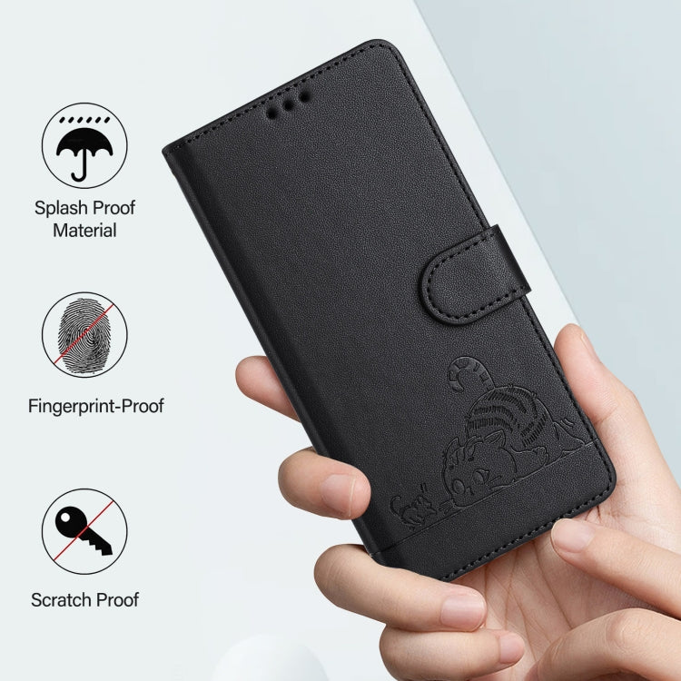 For iPhone 15 Pro Cat Rat Embossed Pattern RFID Leather Phone Case with Lanyard
