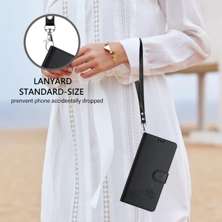 For iPhone 15 Pro Cat Rat Embossed Pattern RFID Leather Phone Case with Lanyard