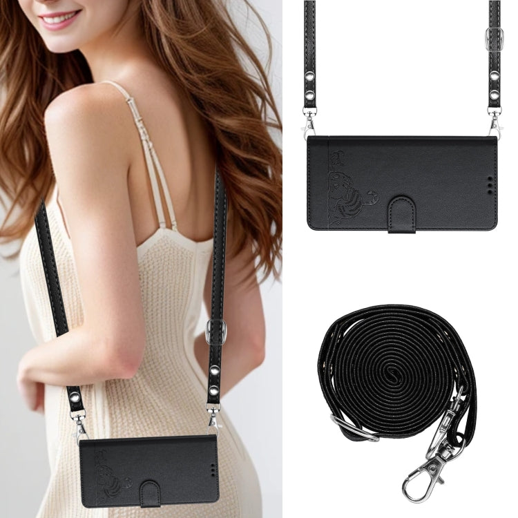 For iPhone 15 Pro Cat Rat Embossed Pattern RFID Leather Phone Case with Lanyard