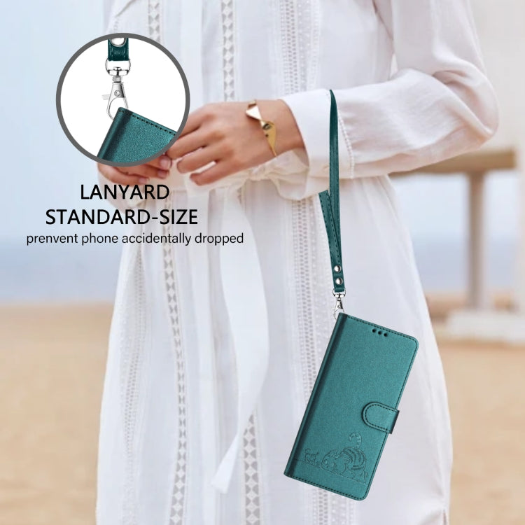 For iPhone 15 Pro Cat Rat Embossed Pattern RFID Leather Phone Case with Lanyard