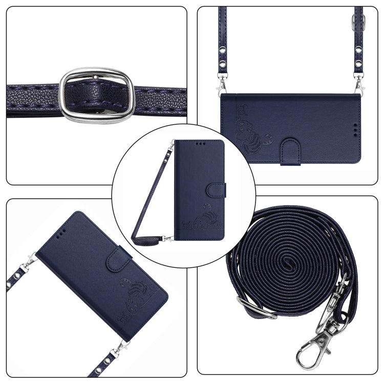 For iPhone 15 Pro Cat Rat Embossed Pattern RFID Leather Phone Case with Lanyard