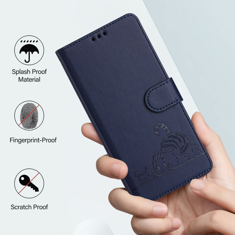 For iPhone 15 Pro Cat Rat Embossed Pattern RFID Leather Phone Case with Lanyard