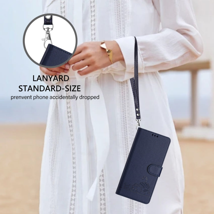 For iPhone 15 Pro Cat Rat Embossed Pattern RFID Leather Phone Case with Lanyard