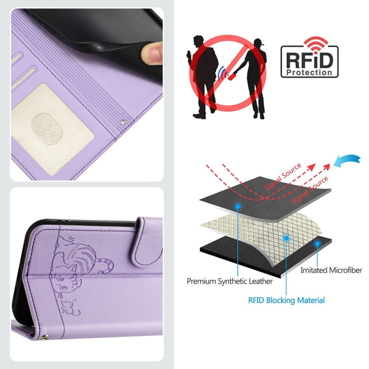 For iPhone 15 Pro Cat Rat Embossed Pattern RFID Leather Phone Case with Lanyard