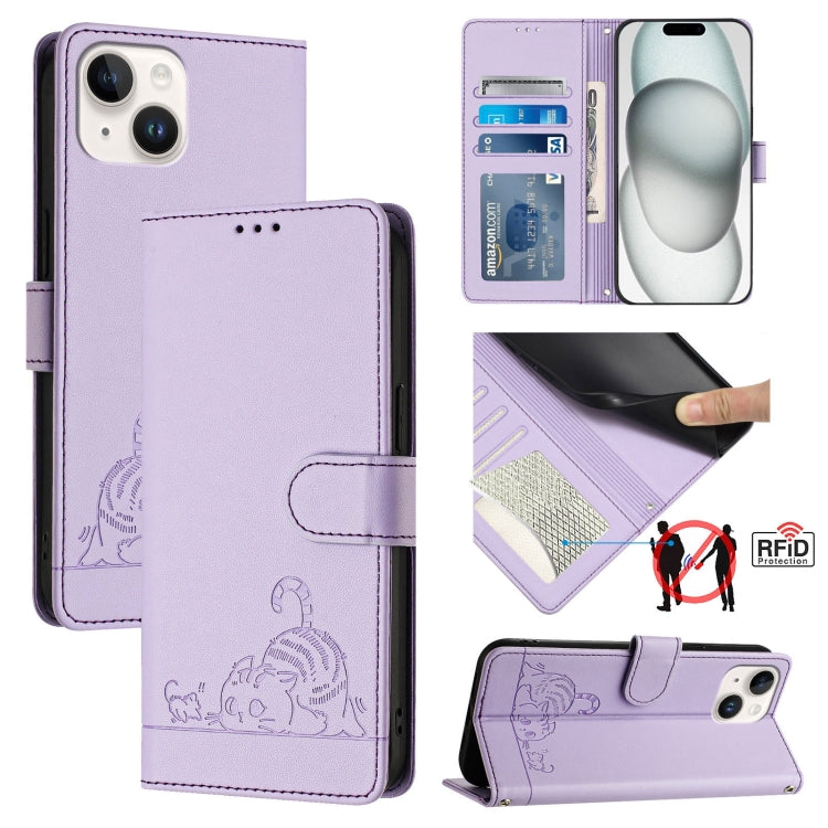 For iPhone 14/13 Cat Rat Embossed Pattern RFID Leather Phone Case with Lanyard