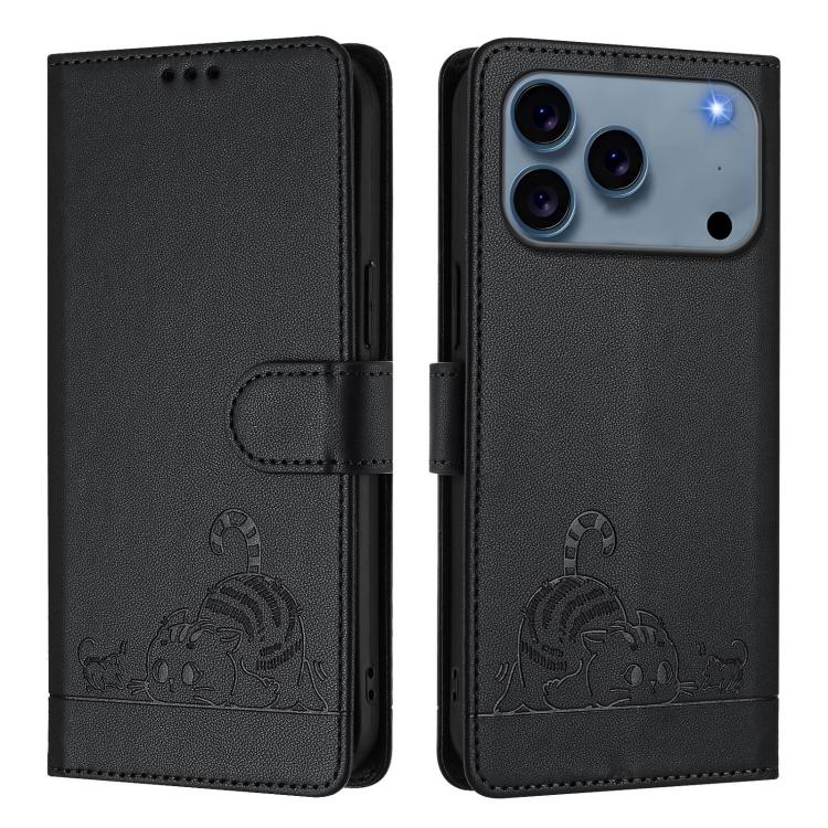For iPhone 17 Pro Max Cat Rat Embossed Pattern RFID Leather Phone Case with Lanyard