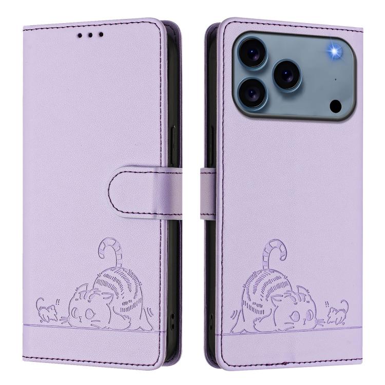 For iPhone 17 Pro Max Cat Rat Embossed Pattern RFID Leather Phone Case with Lanyard