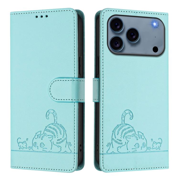 For iPhone 17 Pro Cat Rat Embossed Pattern RFID Leather Phone Case with Lanyard