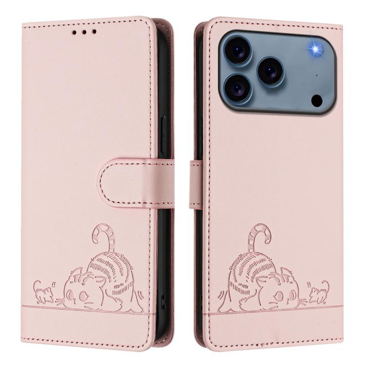 For iPhone 17 Pro Cat Rat Embossed Pattern RFID Leather Phone Case with Lanyard