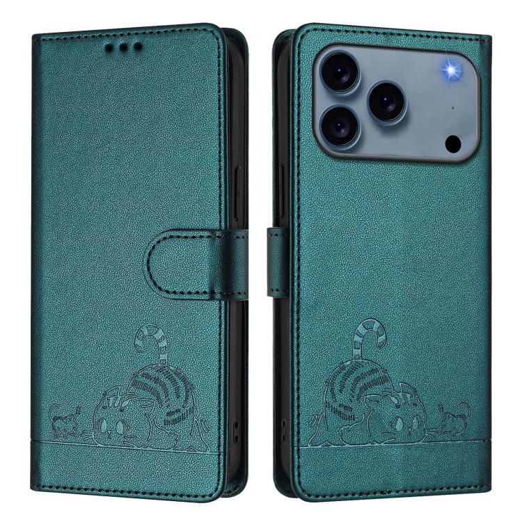 For iPhone 17 Pro Cat Rat Embossed Pattern RFID Leather Phone Case with Lanyard