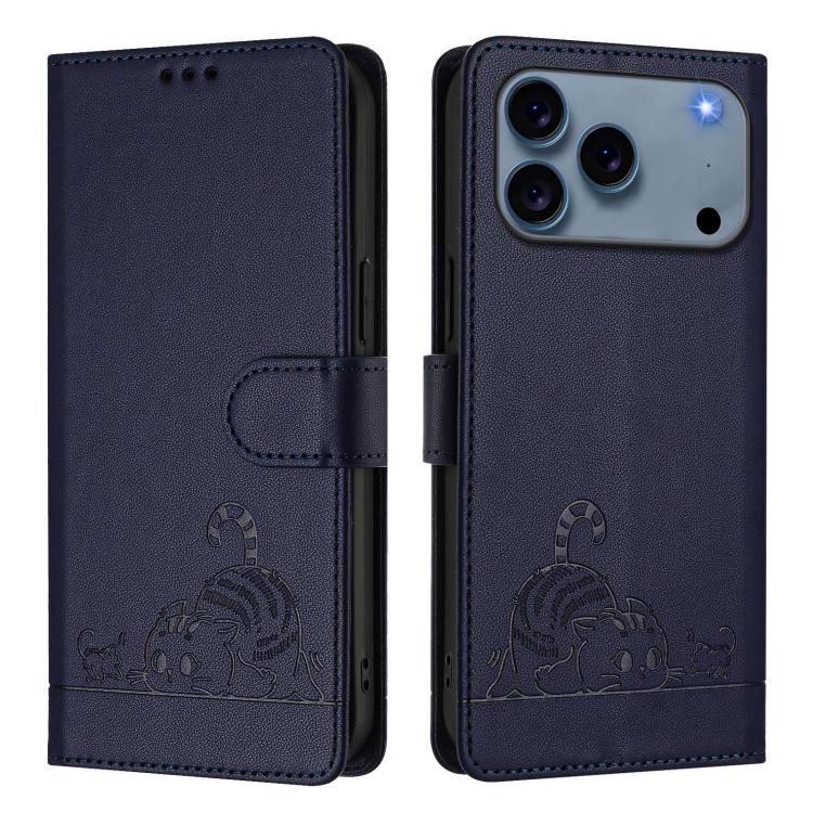For iPhone 17 Pro Cat Rat Embossed Pattern RFID Leather Phone Case with Lanyard