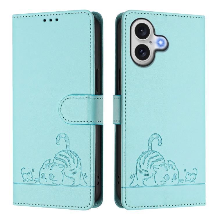 For iPhone 17 Cat Rat Embossed Pattern RFID Leather Phone Case with Lanyard