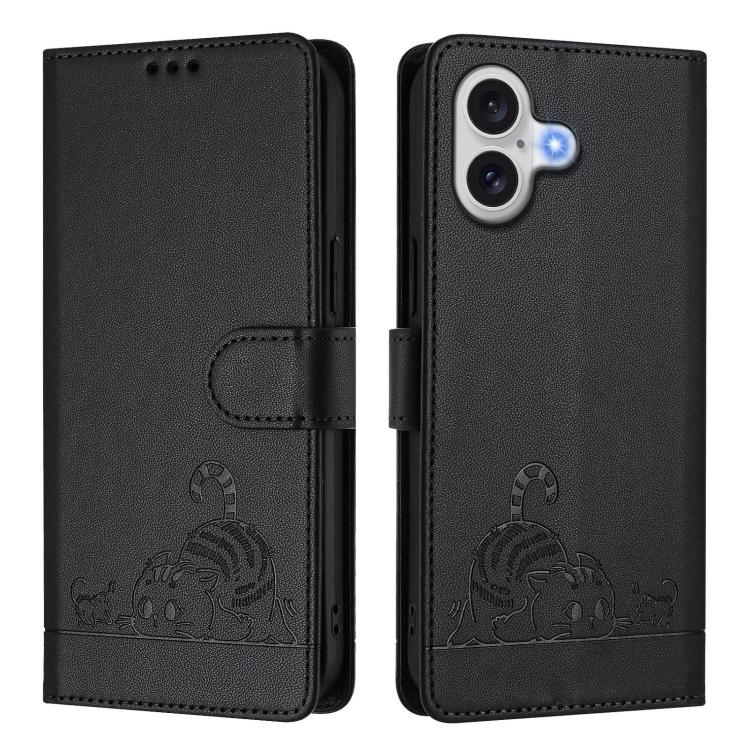 For iPhone 17 Cat Rat Embossed Pattern RFID Leather Phone Case with Lanyard