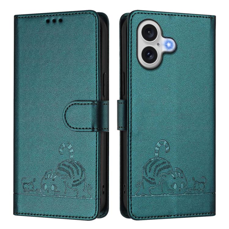 For iPhone 17 Cat Rat Embossed Pattern RFID Leather Phone Case with Lanyard