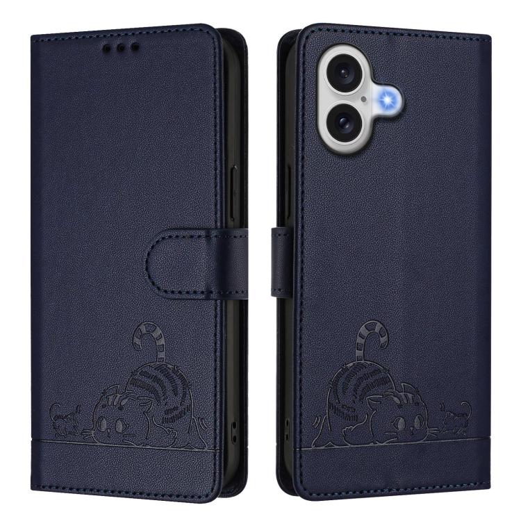 For iPhone 17 Cat Rat Embossed Pattern RFID Leather Phone Case with Lanyard