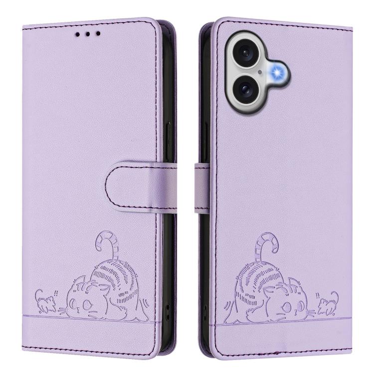 For iPhone 17 Cat Rat Embossed Pattern RFID Leather Phone Case with Lanyard