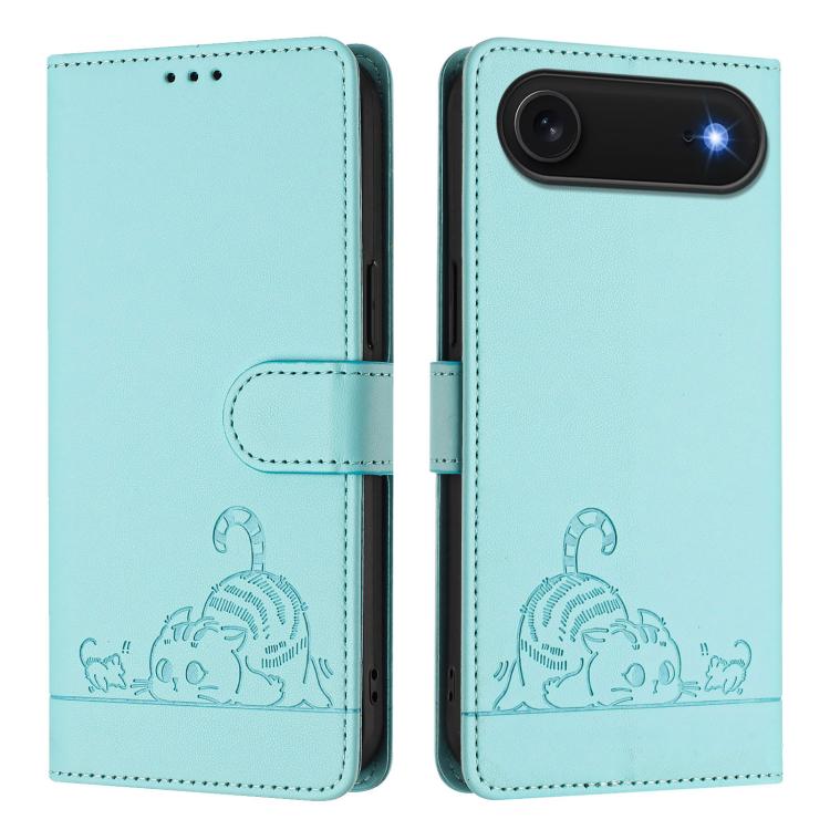 For iPhone Air Cat Rat Embossed Pattern RFID Leather Phone Case with Lanyard