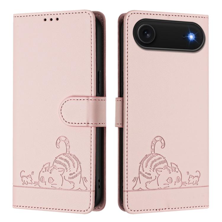 For iPhone Air Cat Rat Embossed Pattern RFID Leather Phone Case with Lanyard