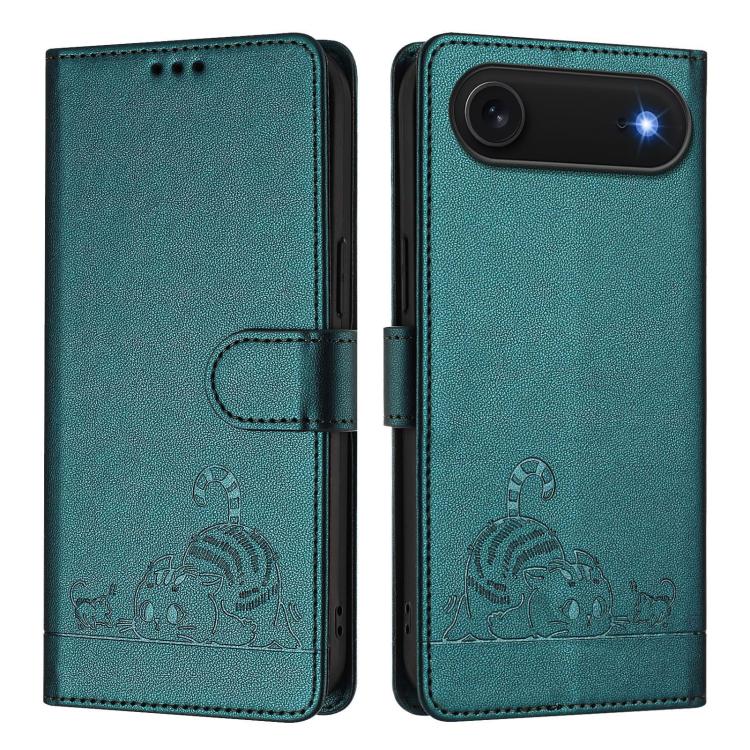 For iPhone Air Cat Rat Embossed Pattern RFID Leather Phone Case with Lanyard