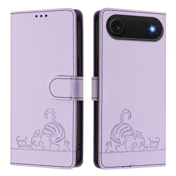 For iPhone Air Cat Rat Embossed Pattern RFID Leather Phone Case with Lanyard