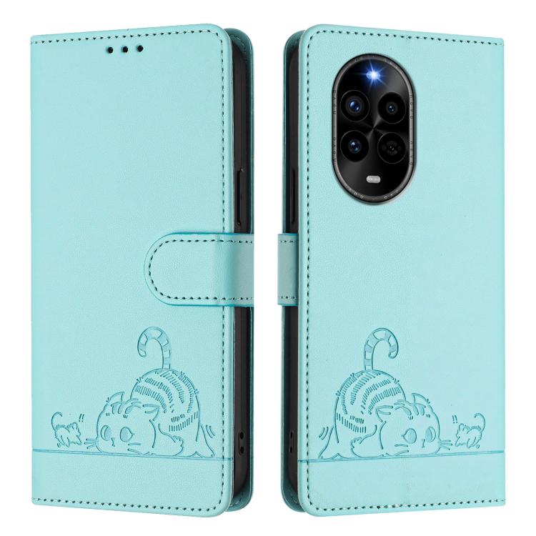 For Huawei nova 13 Pro 5G Cat Rat Embossed Pattern RFID Leather Phone Case with Lanyard