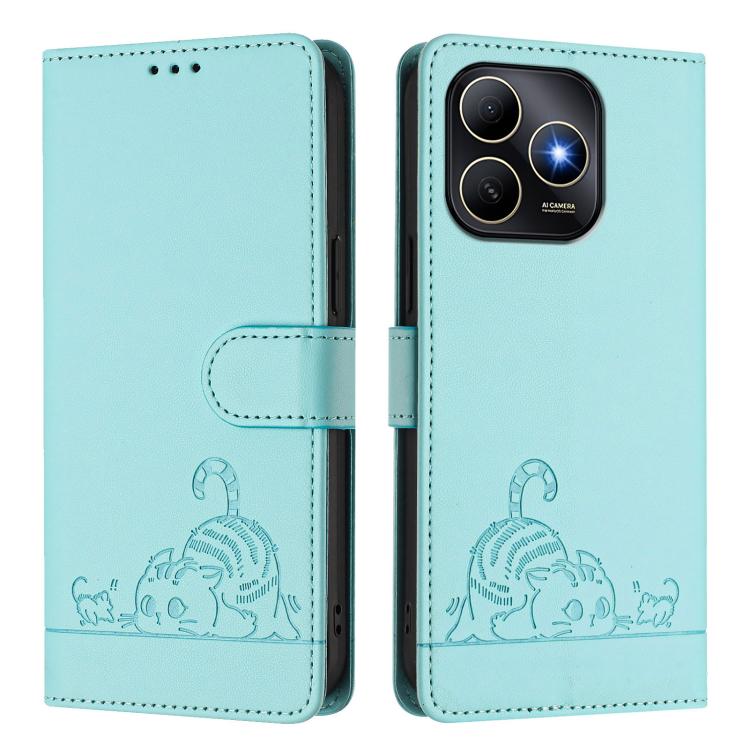 For Huawei Enjoy 80s 4G Cat Rat Embossed Pattern RFID Leather Phone Case with Lanyard