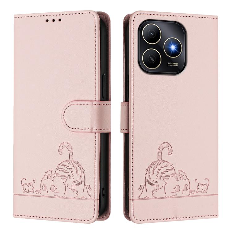 For Huawei Enjoy 80s 4G Cat Rat Embossed Pattern RFID Leather Phone Case with Lanyard