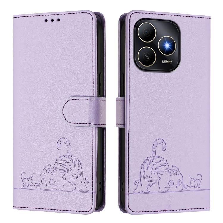 For Huawei Enjoy 80s 4G Cat Rat Embossed Pattern RFID Leather Phone Case with Lanyard