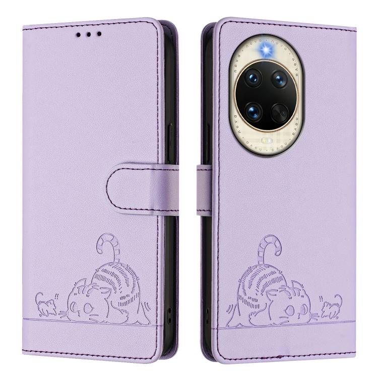For Huawei nova 14 5G Cat Rat Embossed Pattern RFID Leather Phone Case with Lanyard