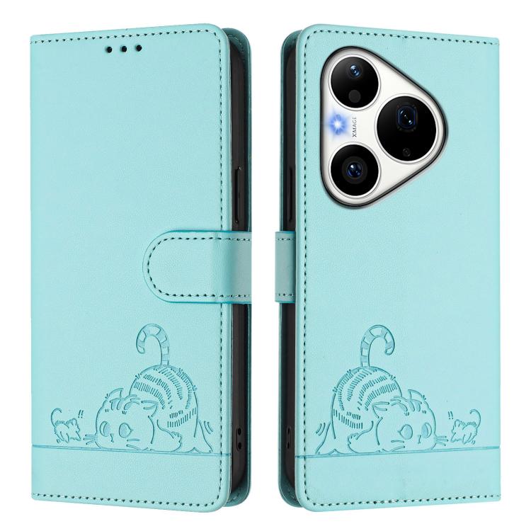 For Huawei Pura 90 Pro 5G Cat Rat Embossed Pattern RFID Leather Phone Case with Lanyard
