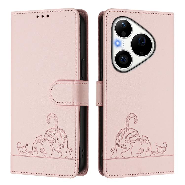For Huawei Pura 90 Pro 5G Cat Rat Embossed Pattern RFID Leather Phone Case with Lanyard
