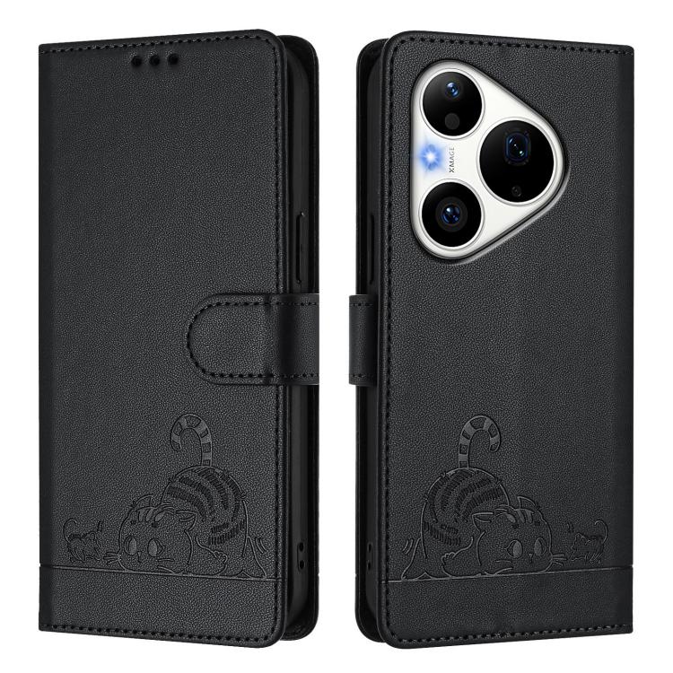 For Huawei Pura 90 Pro 5G Cat Rat Embossed Pattern RFID Leather Phone Case with Lanyard