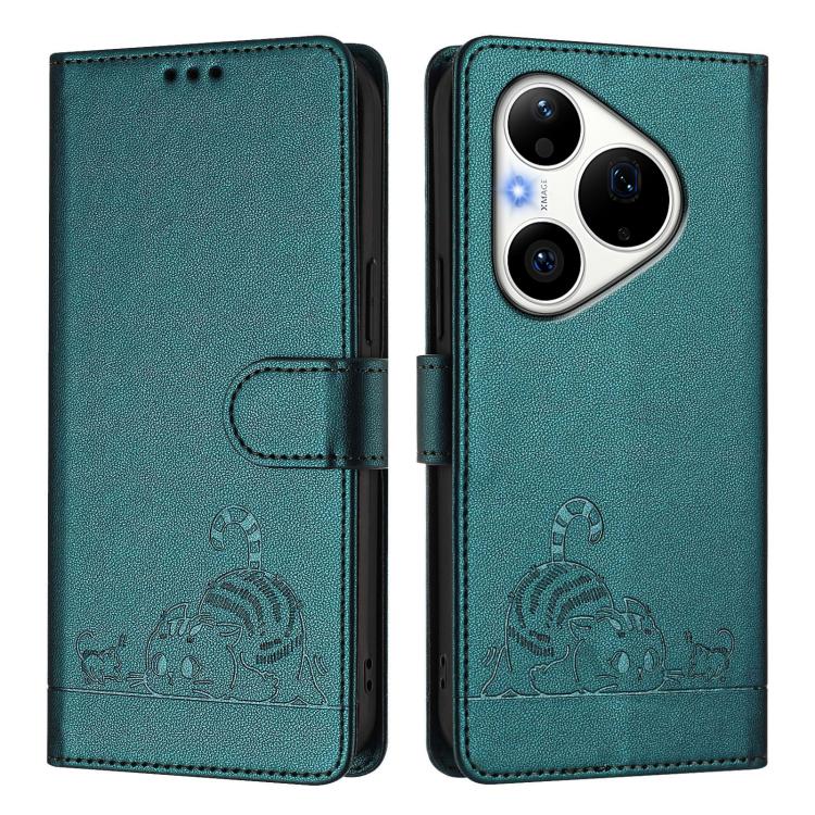 For Huawei Pura 90 Pro 5G Cat Rat Embossed Pattern RFID Leather Phone Case with Lanyard