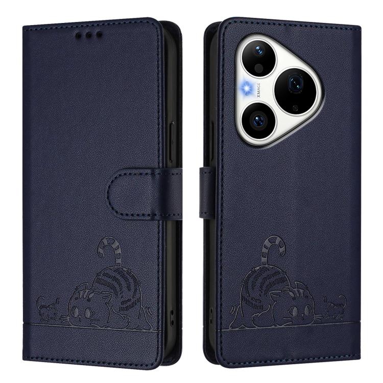 For Huawei Pura 90 Pro 5G Cat Rat Embossed Pattern RFID Leather Phone Case with Lanyard