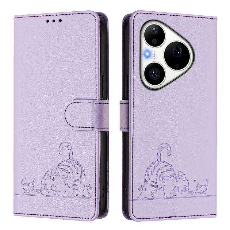 For Huawei Pura 90 Pro 5G Cat Rat Embossed Pattern RFID Leather Phone Case with Lanyard