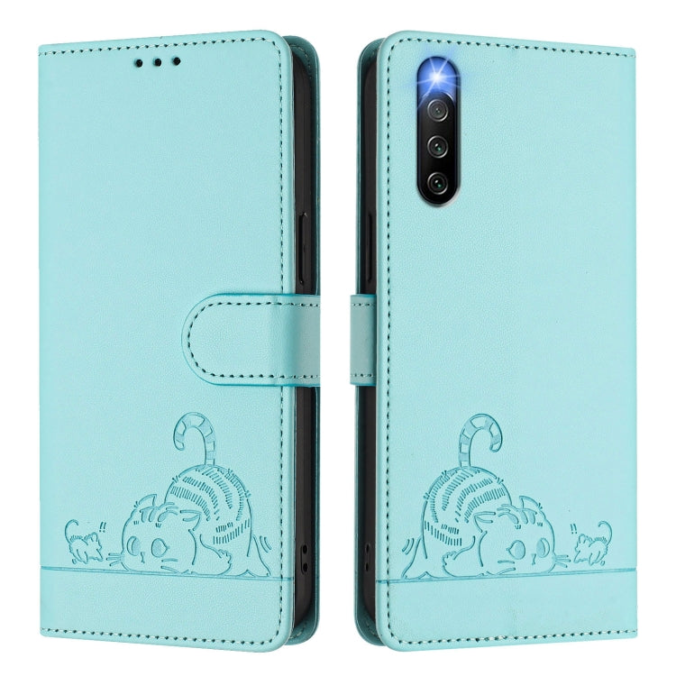 For Sony Xperia 10 IV Cat Rat Embossed Pattern RFID Leather Phone Case with Lanyard