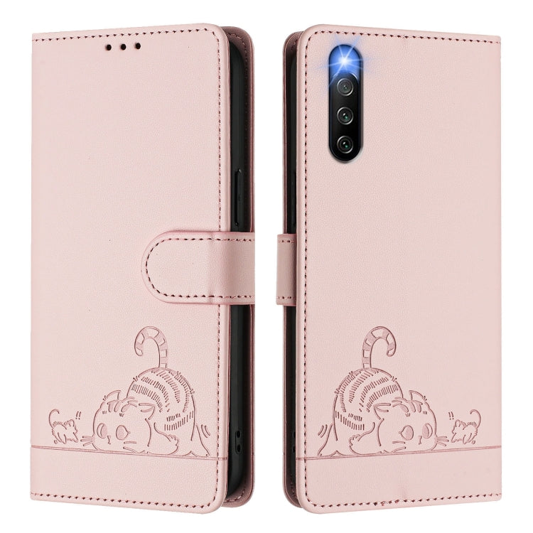 For Sony Xperia 10 IV Cat Rat Embossed Pattern RFID Leather Phone Case with Lanyard
