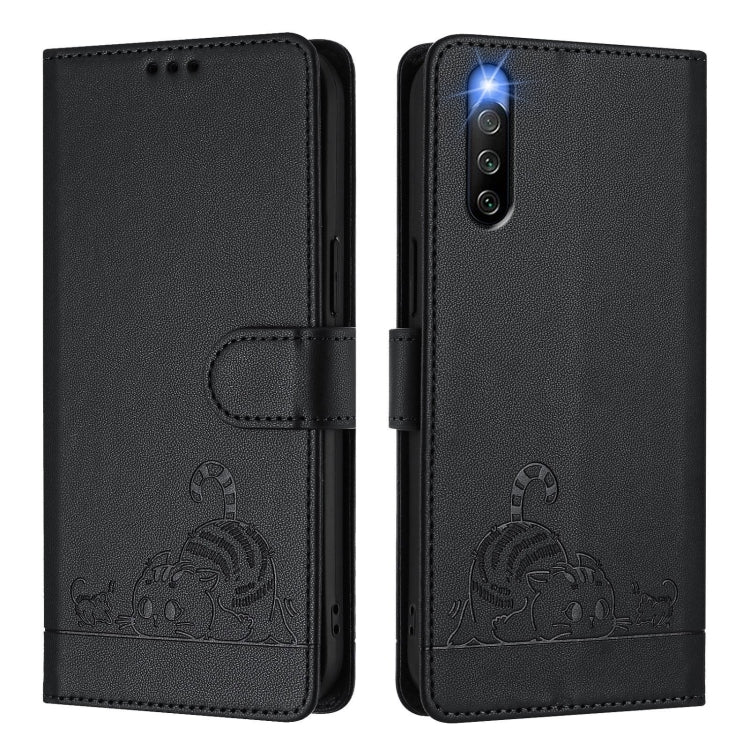 For Sony Xperia 10 IV Cat Rat Embossed Pattern RFID Leather Phone Case with Lanyard