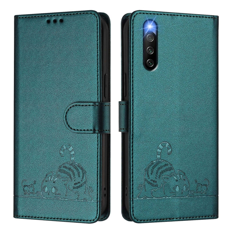 For Sony Xperia 10 IV Cat Rat Embossed Pattern RFID Leather Phone Case with Lanyard
