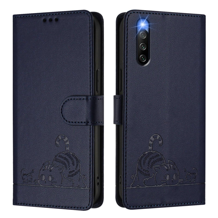 For Sony Xperia 10 IV Cat Rat Embossed Pattern RFID Leather Phone Case with Lanyard