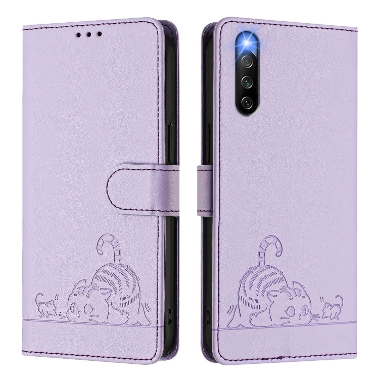 For Sony Xperia 10 IV Cat Rat Embossed Pattern RFID Leather Phone Case with Lanyard
