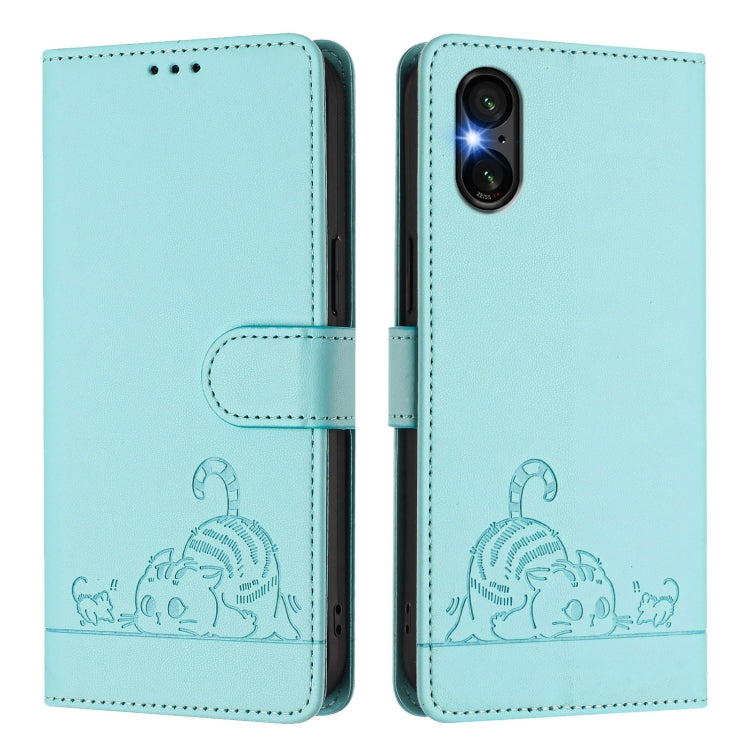For Sony Xperia 5 VI Cat Rat Embossed Pattern RFID Leather Phone Case with Lanyard