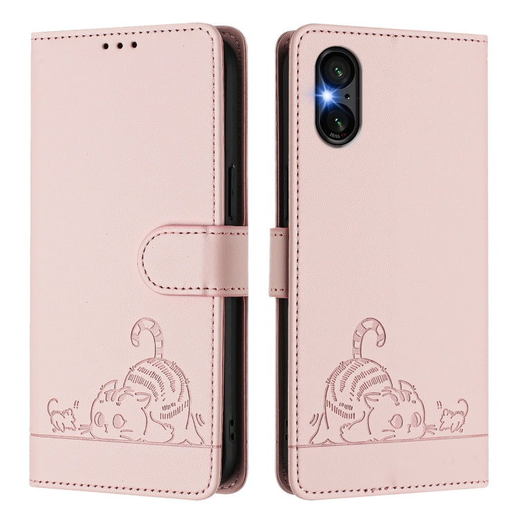 For Sony Xperia 5 VI Cat Rat Embossed Pattern RFID Leather Phone Case with Lanyard