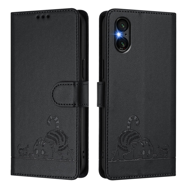 For Sony Xperia 5 VI Cat Rat Embossed Pattern RFID Leather Phone Case with Lanyard