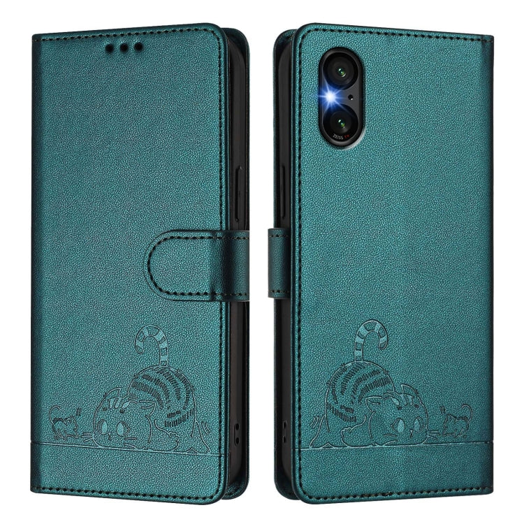 For Sony Xperia 5 VI Cat Rat Embossed Pattern RFID Leather Phone Case with Lanyard