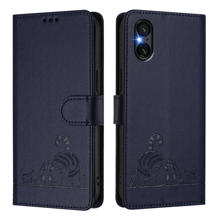 For Sony Xperia 5 VI Cat Rat Embossed Pattern RFID Leather Phone Case with Lanyard